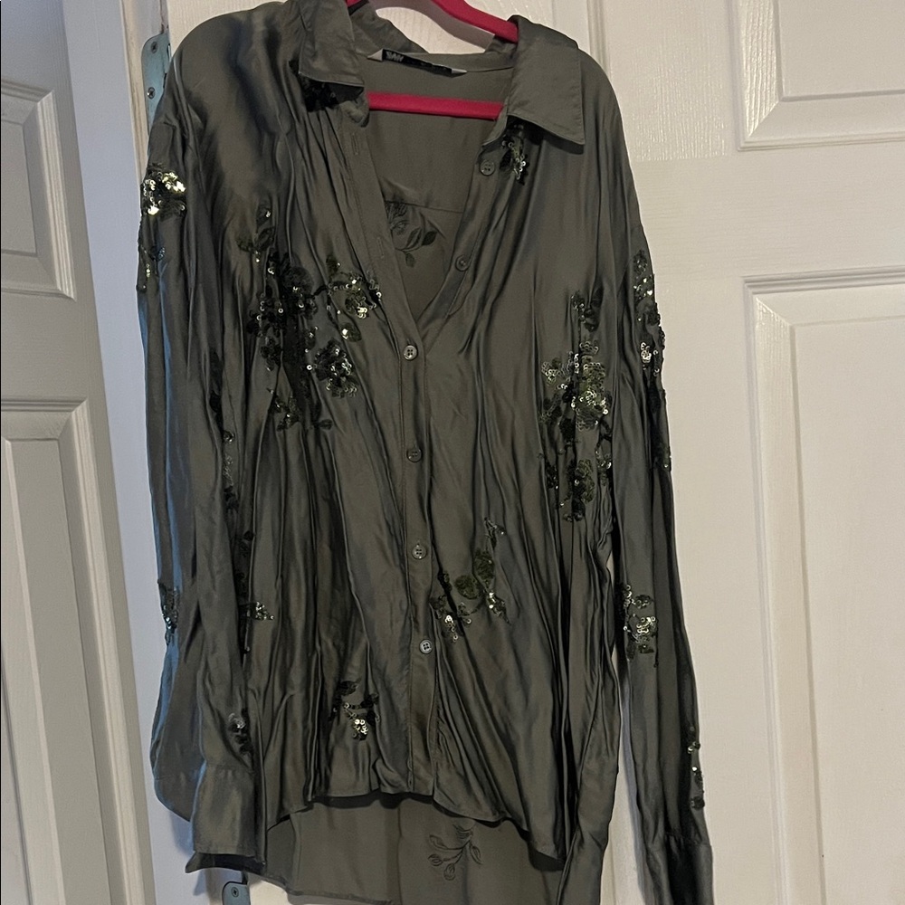 Zara Olive Green Sequin Blouse